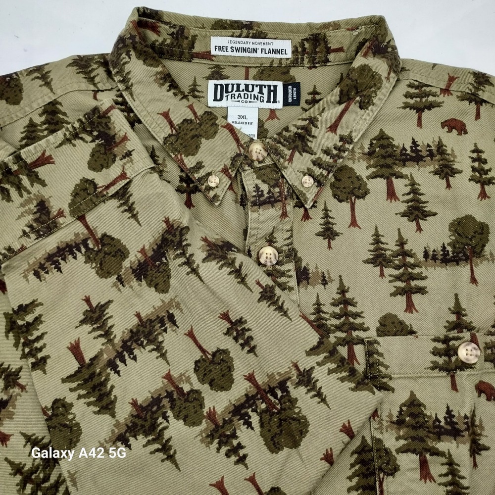 Duluth‎ Trading Co Free Swingin Flannel Shirt 3XL Relaxed Fit Forest Bear Print